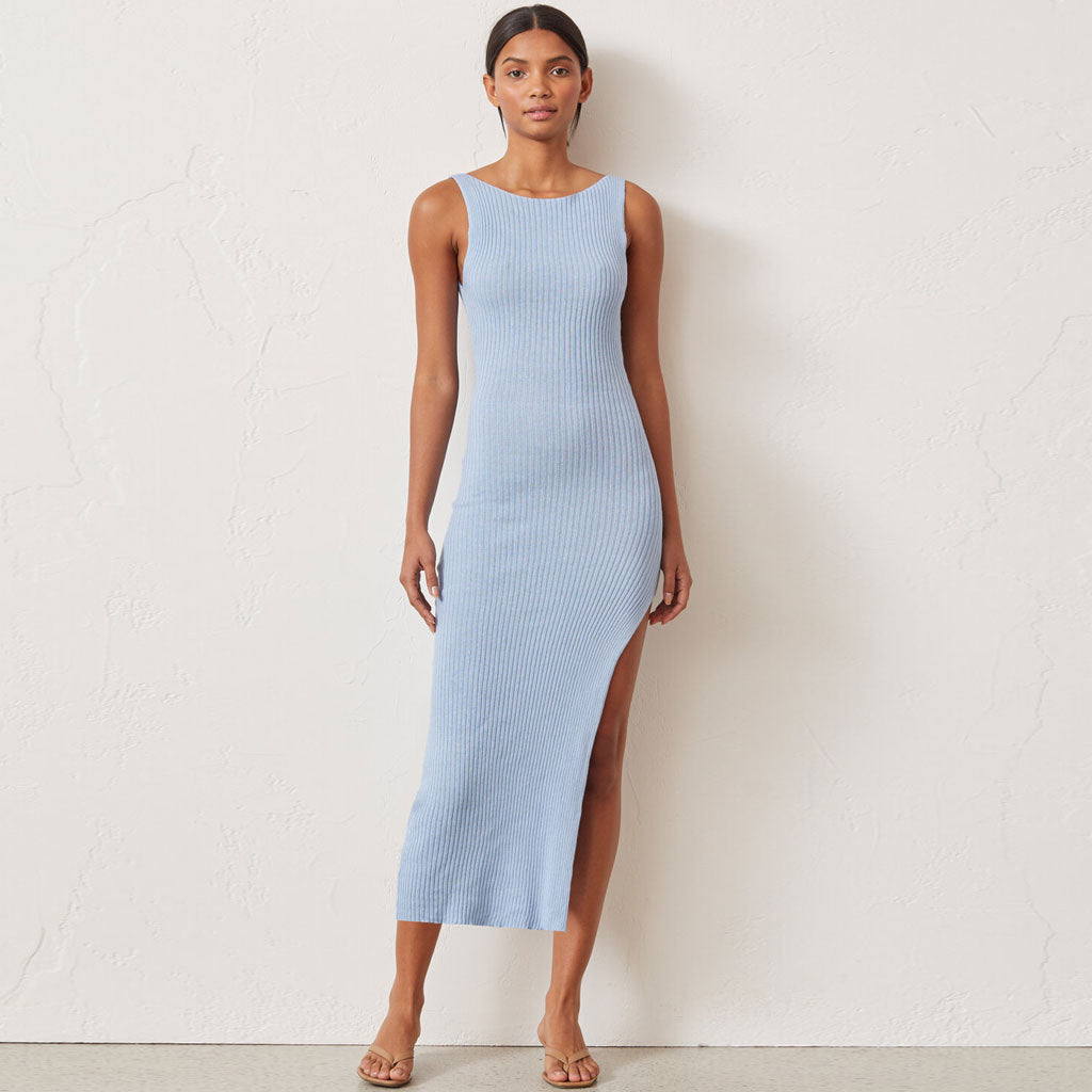 Reversible Ribbed Sleeveless Cut Out High Slit Midi Dress - Blue