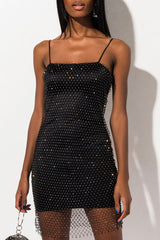 Sparkly Rhinestone Embellished Spaghetti Strap Bodycon Party Mini Dress - Black