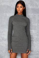Ribbed High Neck Cut Out Long Sleeve Bodycon Mini Dress -Gray