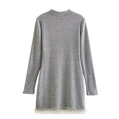 Ribbed Knit Crystal Fringe Long Sleeve Crew Neck Sweater Mini Dress - Gray