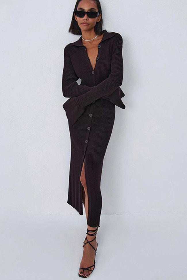 Ribbed Long Sleeve Button Down Winter Sweater Maxi Dress - Chocolate