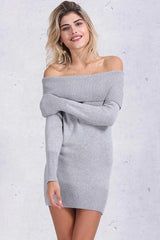 Ribbed Long Sleeve Draped Off Shoulder Mini Sweater Dress - Gray
