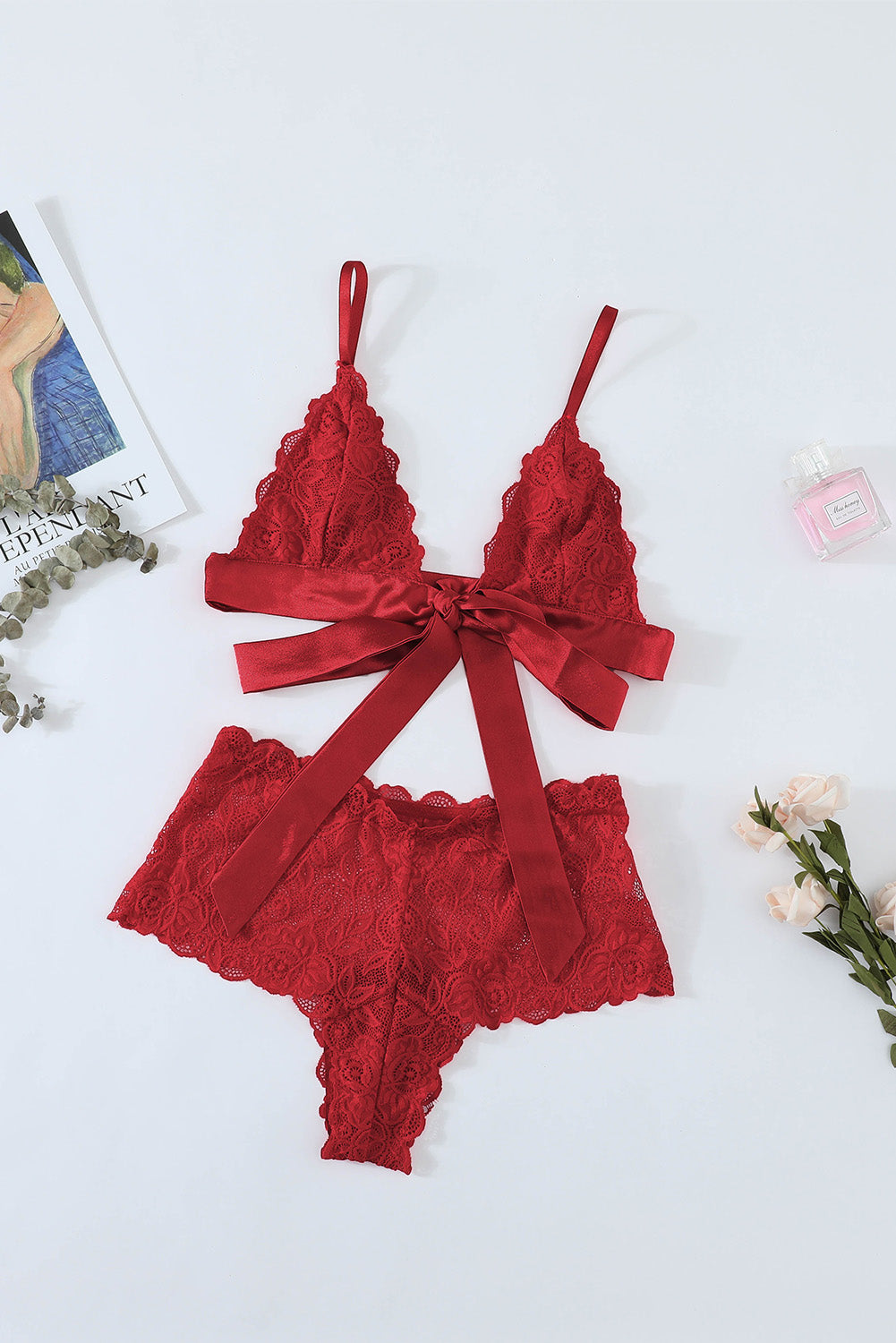 Conjunto de lencería bralette de encaje rojo de amor romántico