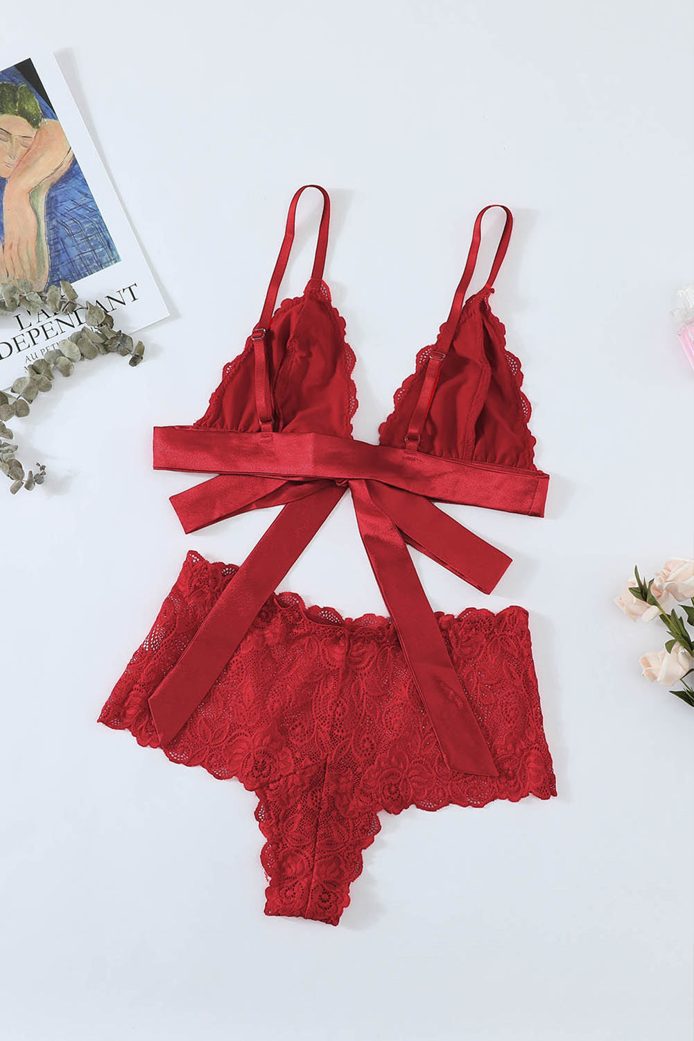 Conjunto de lencería bralette de encaje rojo de amor romántico