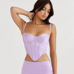 Push Up Curvy Satin Cropped Corset Top - Lilac