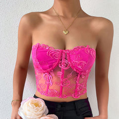 Embroidered Sheer Tulle Crop Corset Tube Top - Rose