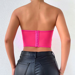 Embroidered Sheer Tulle Crop Corset Tube Top - Rose