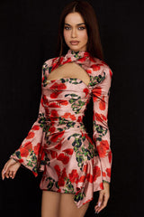 Rose Printed High Neck Cutout Long Sleeve Mini Dress - Red