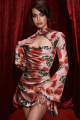 Rose Printed High Neck Cutout Long Sleeve Mini Dress - Red
