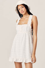 Ruffle Eyelet Floral Embroidered Sleeveless Babydoll Mini Dress - White