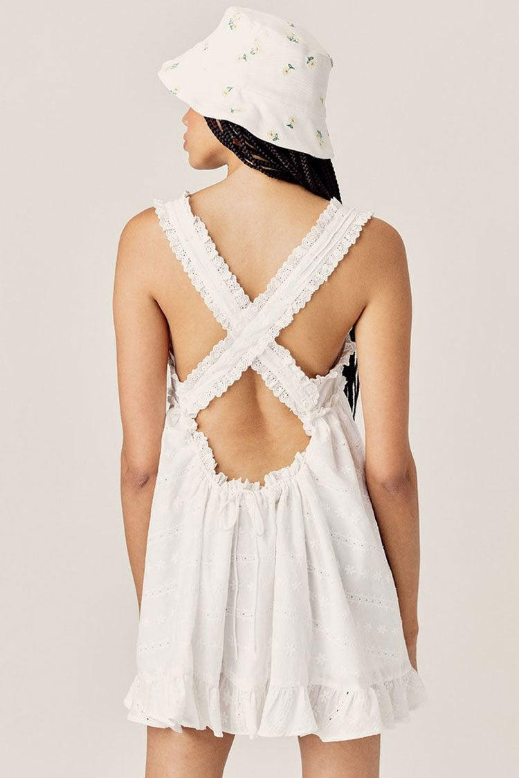 Ruffle Eyelet Floral Embroidered Sleeveless Babydoll Mini Dress