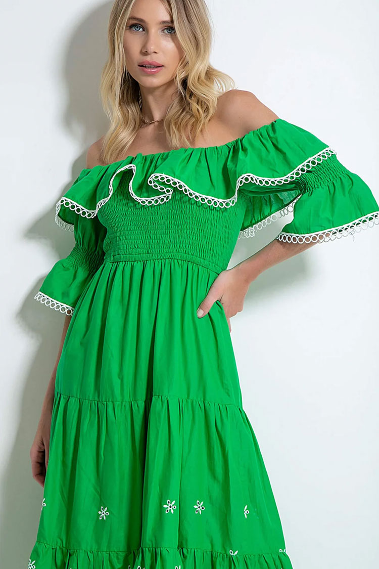 Ruffle Off The Shoulder Embroidered Floral Tiered Maxi Dress - Green