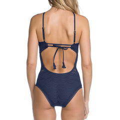 Lace Low Back High Neck One Piece Swimsuit - Blue