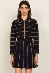 Scalloped Striped Cardigan Knit Skirt Two Piece Mini Dress - Black
