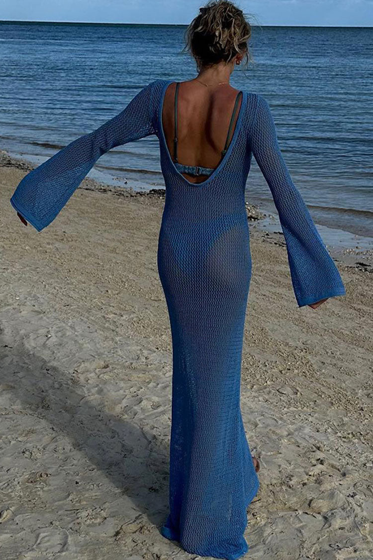 Boat Neck Bell Sleeve Crochet Knit Beach Vacation Maxi Dress - Blue