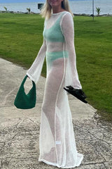 Boat Neck Bell Sleeve Crochet Knit Beach Vacation Maxi Dress - White