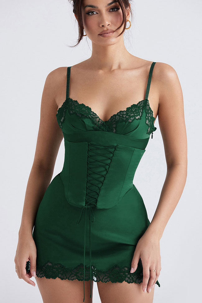 Club Lace Up Belt V Neck Lace Satin Slip Mini Dress - Emerald Green