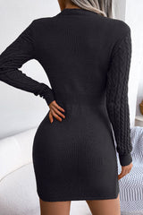 Cutout Fisherman Cable Knit Bodycon Sweater Mini Dress - Black