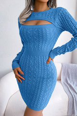 Cutout Fisherman Cable Knit Bodycon Sweater Mini Dress - Blue