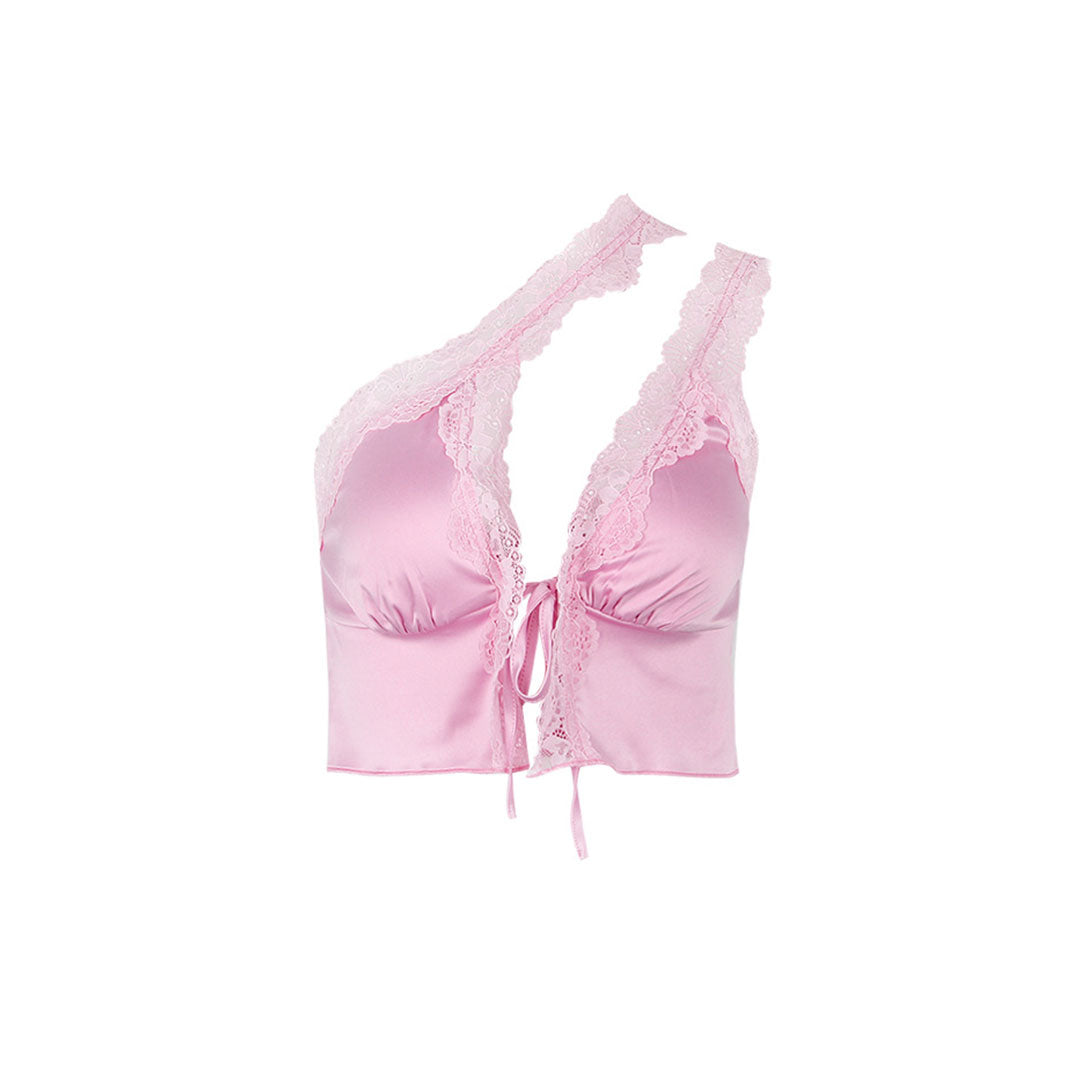 Ärmelloses Crop Top aus Satin mit Cut-Outs und Schnürung vorne - Rosa