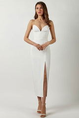 Deep V High Slit Sleeveless Bandage Cocktail Party Maxi Dress - White