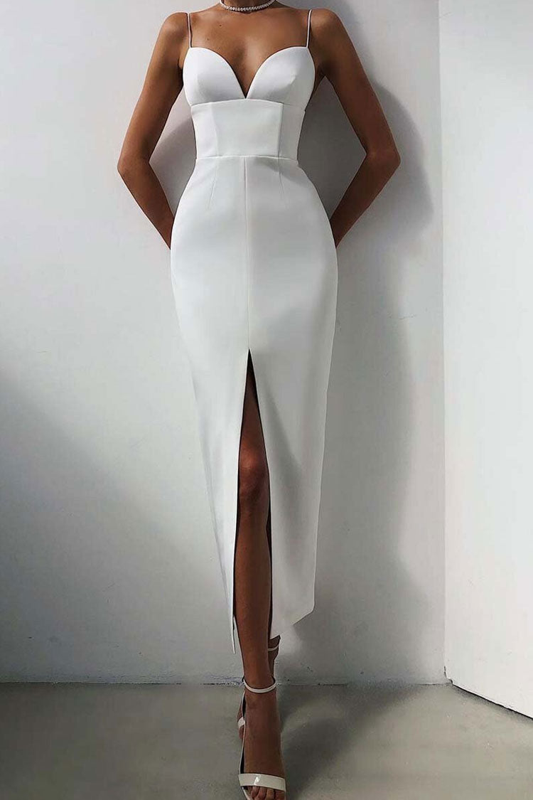 Deep V High Slit Sleeveless Bandage Cocktail Party Maxi Dress - White