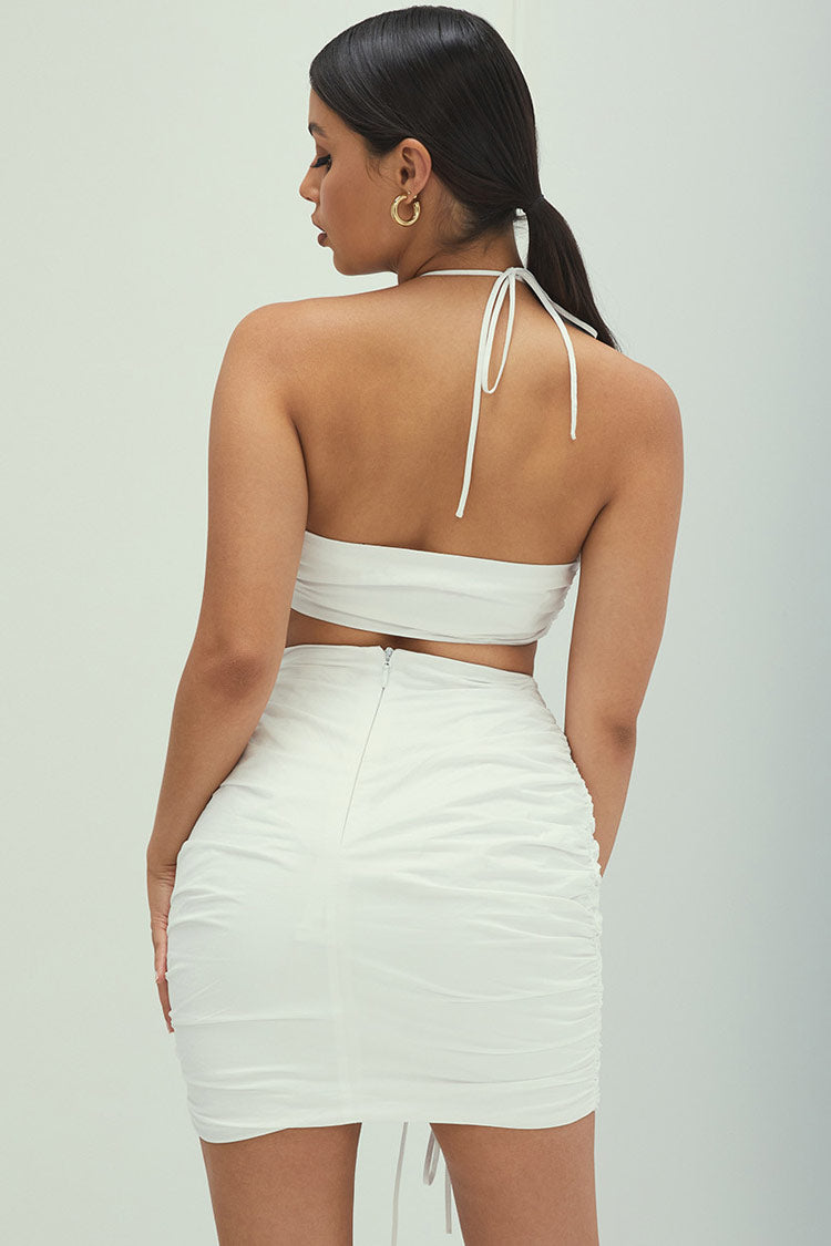 Drawstring Ruched Halter Two Piece Mini Dress - White