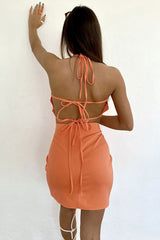 Neckholder-Crop-High-Waist-Split-Rock Zweiteiliges Minikleid - Orange