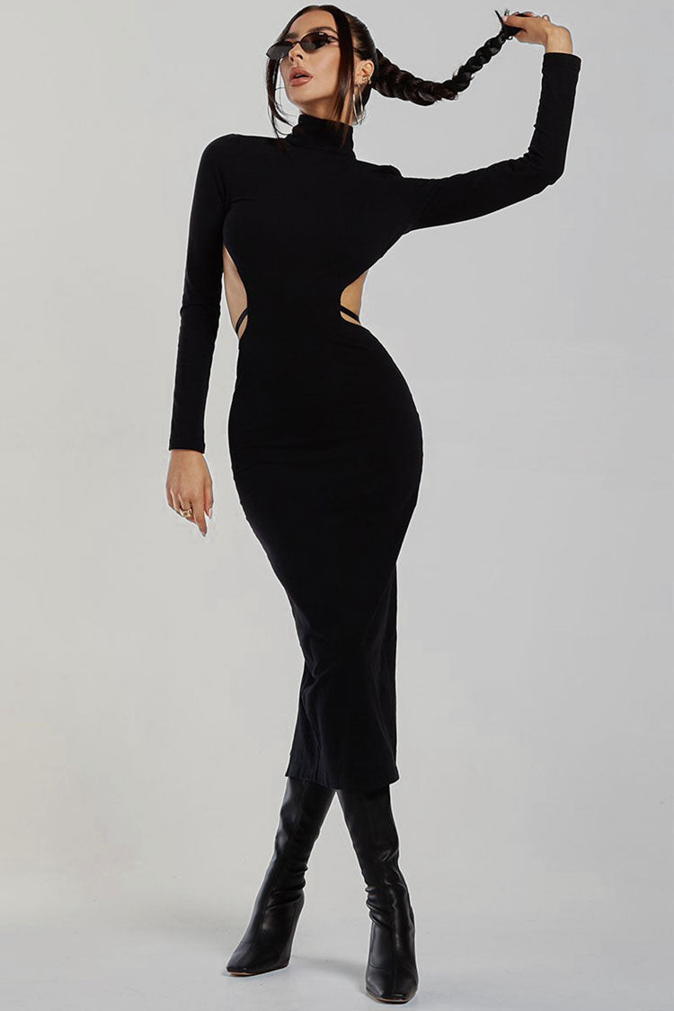 High Neck Long Sleeve High Slit Backless Midi Dress - Black