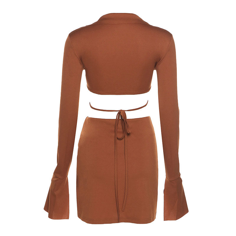 Long Sleeve Crop Blouse Skirt Matching Set - Chocolate