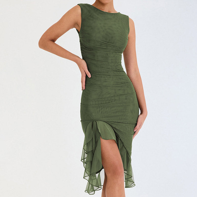 Vestido midi de cóctel ajustado, sin mangas, con cuello redondo y volantes de malla fruncida - Verde militar