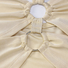 O Ring Cut Out Kordelzug Gerafftes Neckholder Party Midikleid - Beige