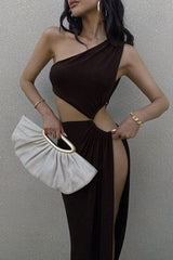 One Shoulder Cutout High Slit Sheer Maxi Dress - Brown