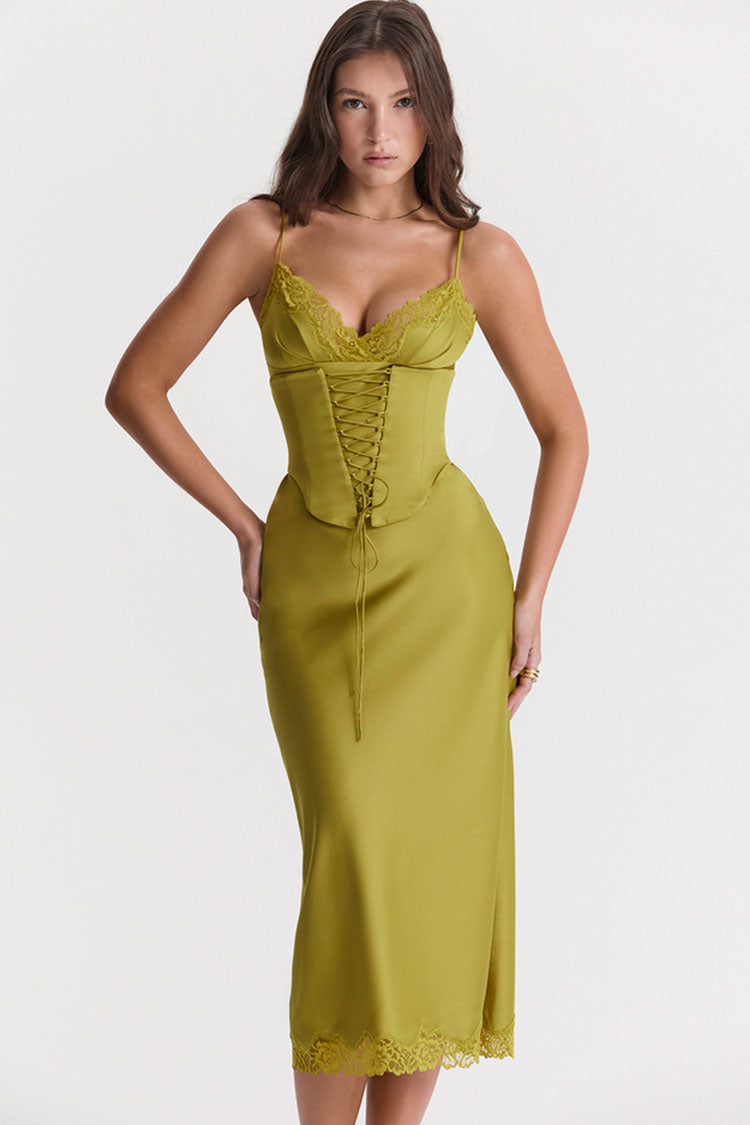 Party-Midikleid aus Satin mit Schnürung und V-Ausschnitt, Spitze und Gürtel - Chartreuse