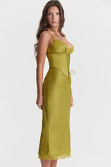 Party-Midikleid aus Satin mit Schnürung und V-Ausschnitt, Spitze und Gürtel - Chartreuse