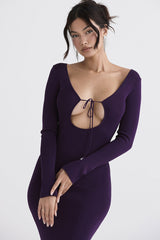 Plunge Neck Cutout Backless Long Sleeve Bodycon Maxi Dress - Purple