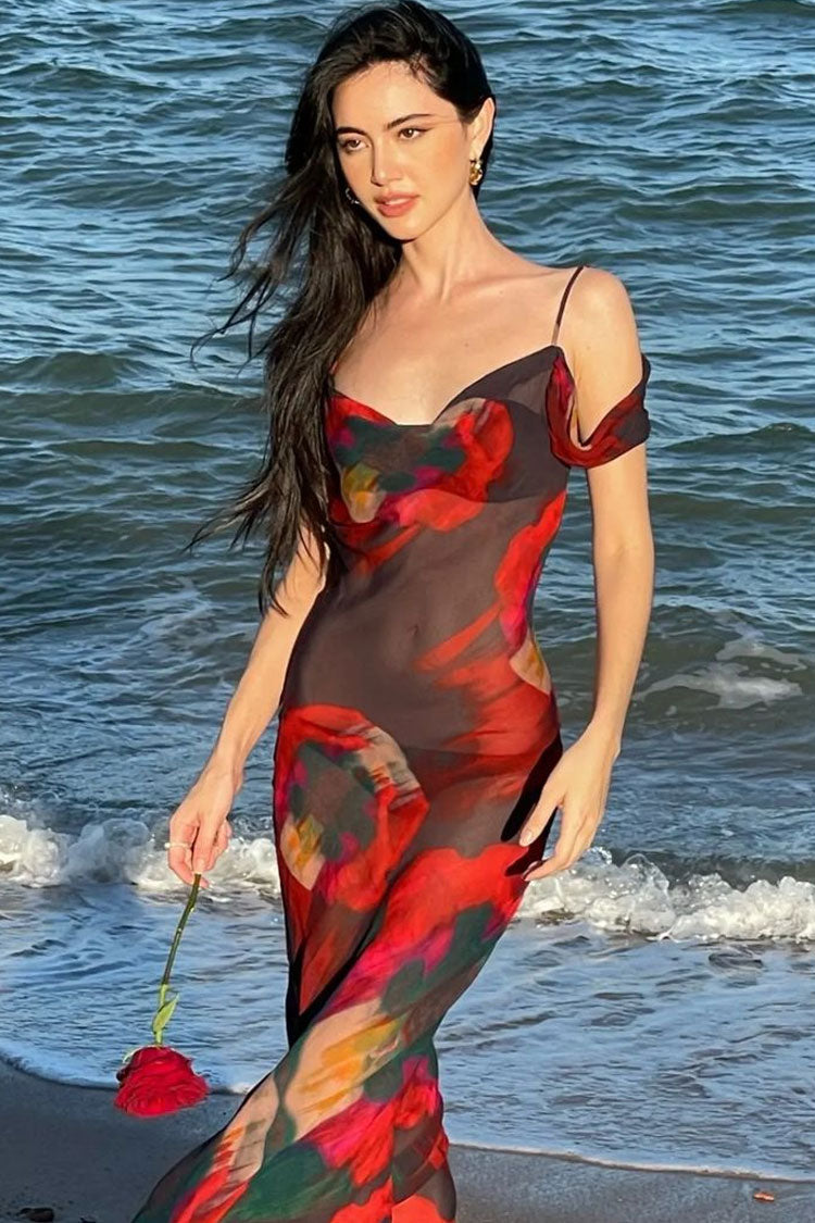 Printed Cowl Neck Chiffon Sheer Beach Vacation Maxi Dress - Red