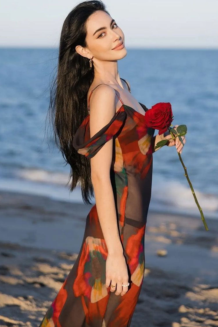 Vestido largo playero de gasa transparente con cuello vuelto y estampado - Rojo