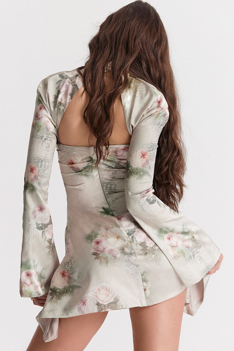 Printed High Neck Cutout Draped Long Sleeve Satin Mini Dress - Floral
