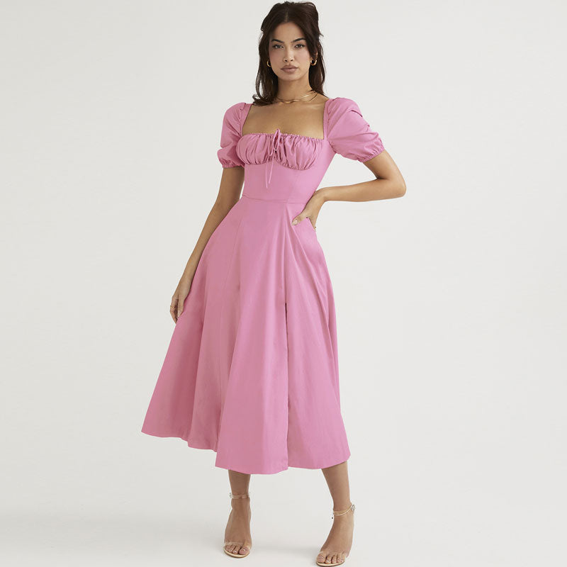 Schulterfreies Midi-Sommerkleid mit Puffärmeln und Bindeband vorne und hohem Schlitz - Pink