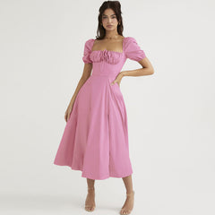 Schulterfreies Midi-Sommerkleid mit Puffärmeln und Bindeband vorne und hohem Schlitz - Pink