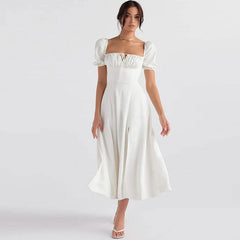 Puff Sleeve Tie Front High Split Off Shoulder Midi Sundress - White