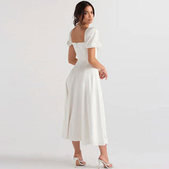 Puff Sleeve Tie Front High Split Off Shoulder Midi Sundress - White