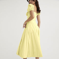 Schulterfreies Midi-Sommerkleid mit Puffärmeln und Bindeband vorne und hohem Schlitz - Gelb