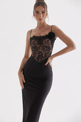 Vestido midi de fiesta con escote halter, encaje satinado y corsé en dos tonos - Negro