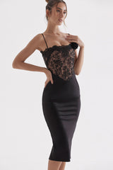Vestido midi de fiesta con escote halter, encaje satinado y corsé en dos tonos - Negro