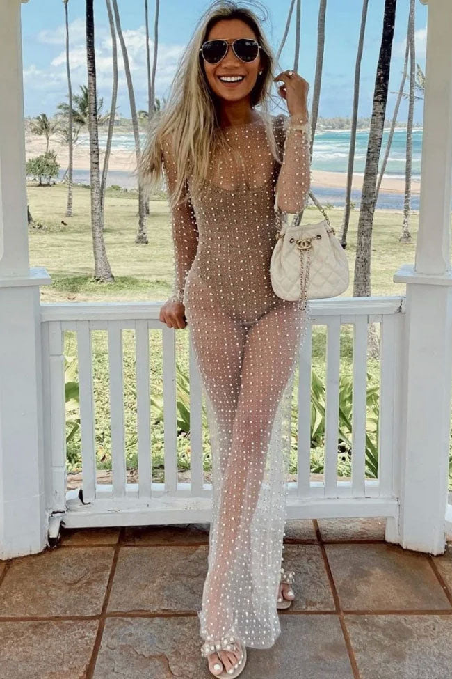 Round Neck Long Sleeve Faux Pearl Split Sheer Mesh Maxi Dress - Nude