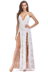 Scalloped Deep V High Split Sequin Lace Evening Maxi Dress - White