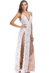 Scalloped Deep V High Split Sequin Lace Evening Maxi Dress - White