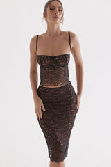 Scalloped Floral Lace Bra Top Midi Skirt Two Piece Dress - Black